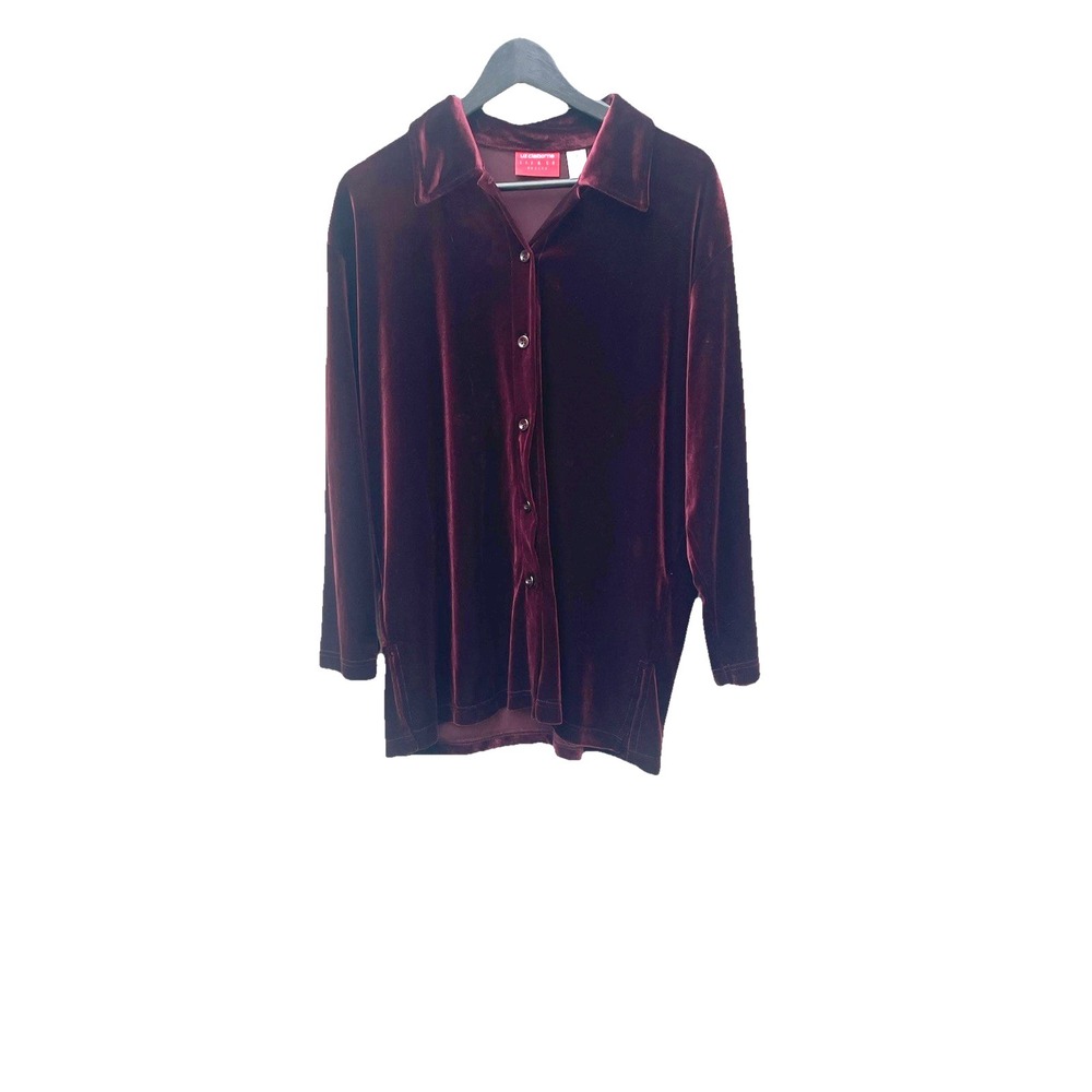 Liz Claiborne Stretch Velvet Velour Shirt Womens Medium Maroon Button Holidays - Picture 2 of 7